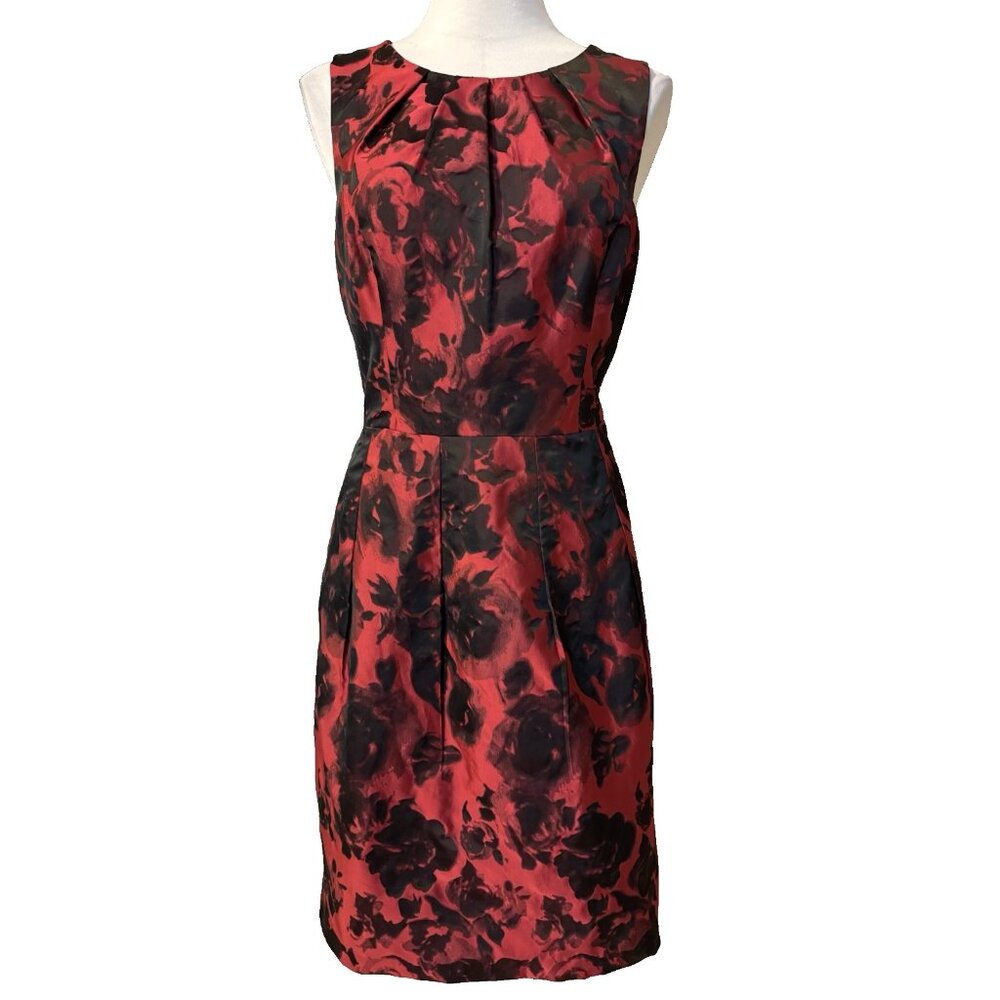 Talbots A Line Dress 14 Red Black Rose Pockets Sleeveless Career Church Party - Picture 2 of 13